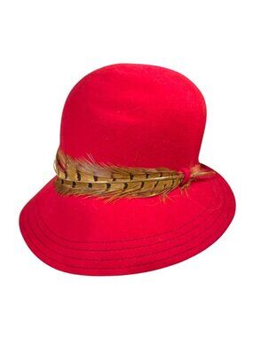 Vintage Red Wool Betmar New York Cloche Hat Pheasant Feather